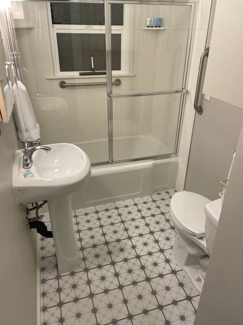 Combined shower/tub, hair dryer, towels, soap