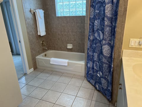 Bathtub, hair dryer, towels, toilet paper