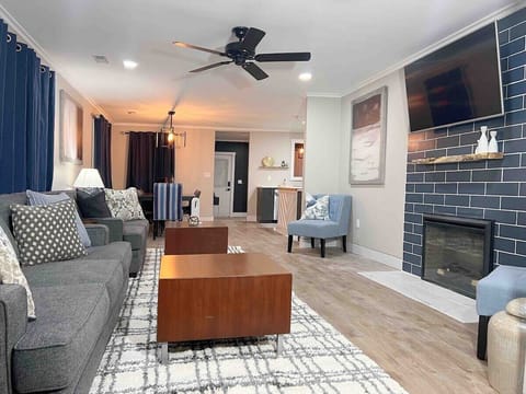 Living room area with functional electric fireplace and television 