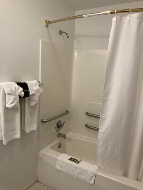 Combined shower/tub, hair dryer, towels, soap