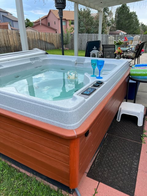 The hot tub in our private backyard. It's delightful year round.