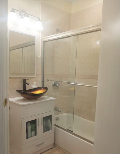 Combined shower/tub, hair dryer, towels, soap