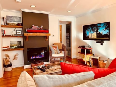 Smart TV, fireplace, books, stereo