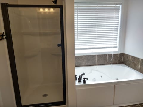 Combined shower/tub, jetted tub, hair dryer, towels