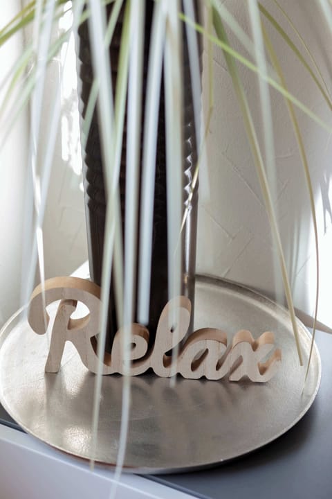 A decorative plant in a pot with a wooden sign reading “Relax.”