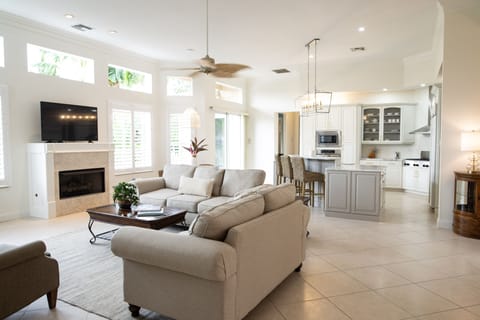 TV, fireplace, books, stereo