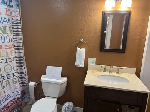 Combined shower/tub, towels, soap, toilet paper