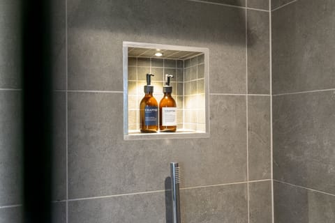 Combined shower/tub, hair dryer, towels