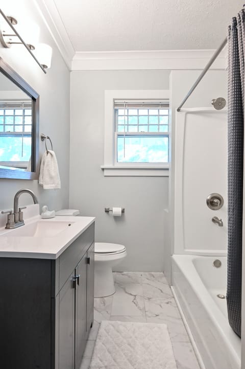 Combined shower/tub, hair dryer, towels, toilet paper