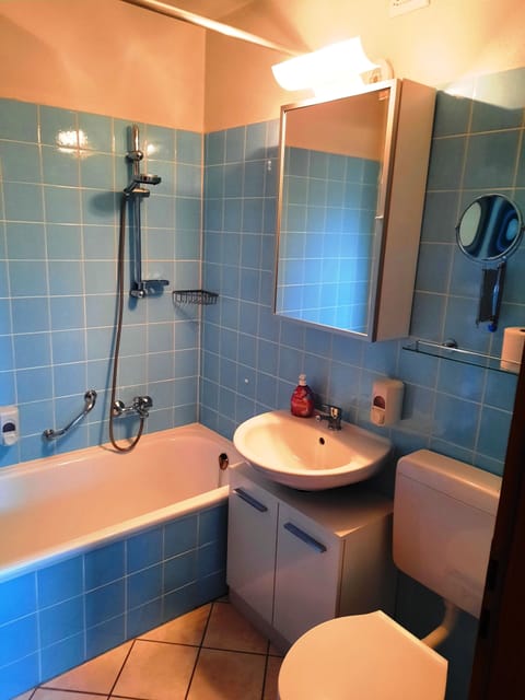 Combined shower/tub, hair dryer, toilet paper