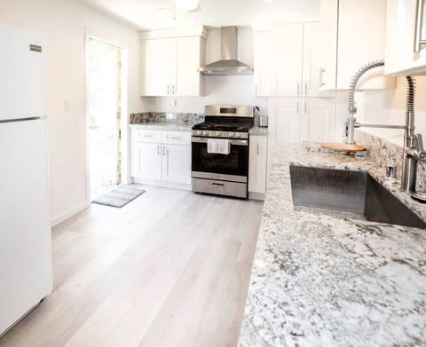 Lots of appliances, 5 burner stove with oven, microwave, coffee maker and more. Everything you need to create a meal for family or just a quick snack.