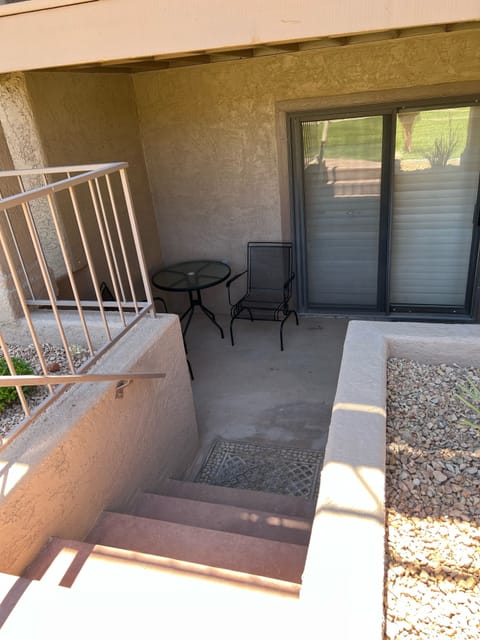 Stairs lead to the resort grounds