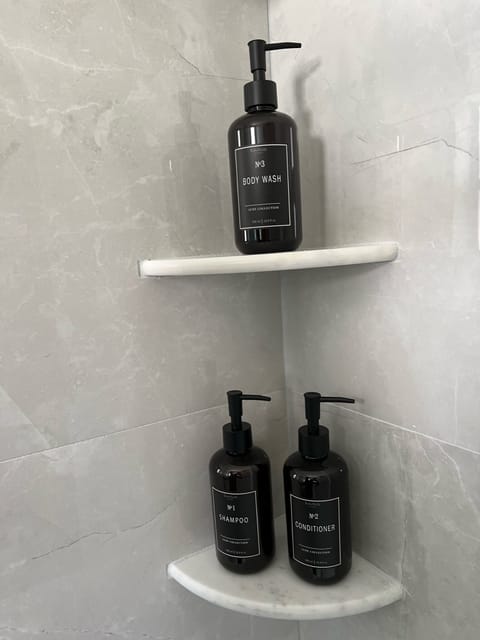 Combined shower/tub, hair dryer, towels, soap