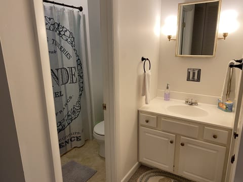 Combined shower/tub, hair dryer, towels, soap