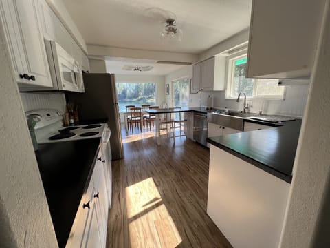 Full stocked kitchen and dining room with a view of the lake