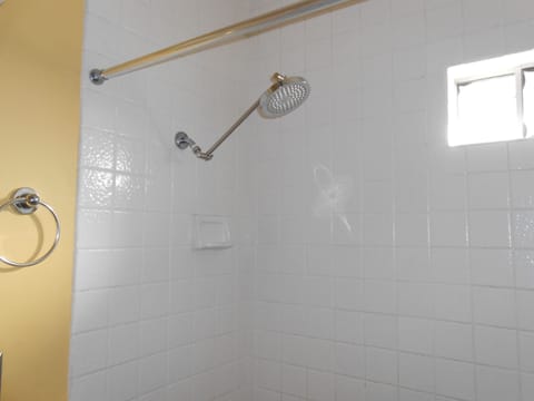 Combined shower/tub, hair dryer, towels, soap