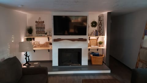 Smart TV, fireplace, books
