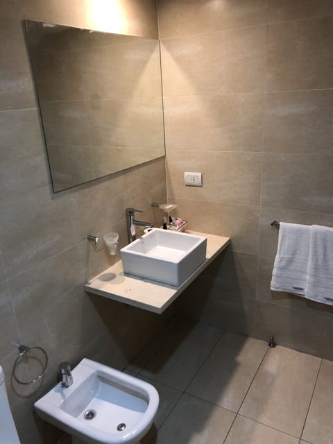 Combined shower/tub, bidet, towels, soap