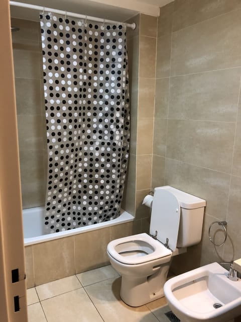 Combined shower/tub, bidet, towels, soap