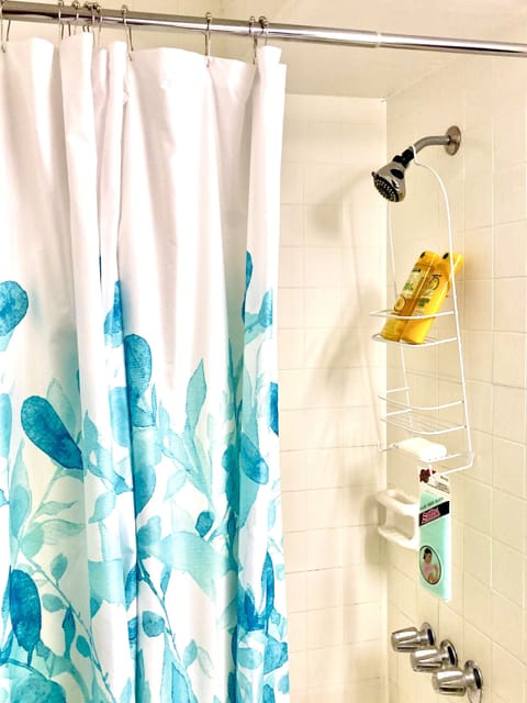 Combined shower/tub, hair dryer, towels, soap