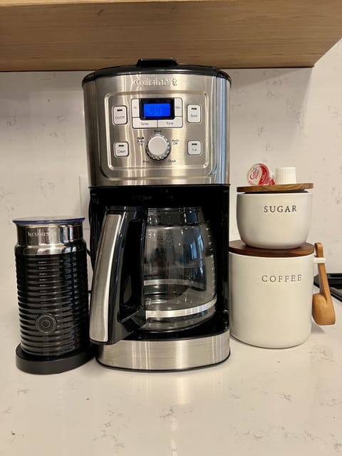 14 cup drip coffee maker+ frother Included: organic coffee, creamer, & raw sugar