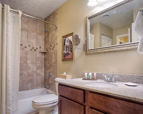 Combined shower/tub, hair dryer, towels, soap