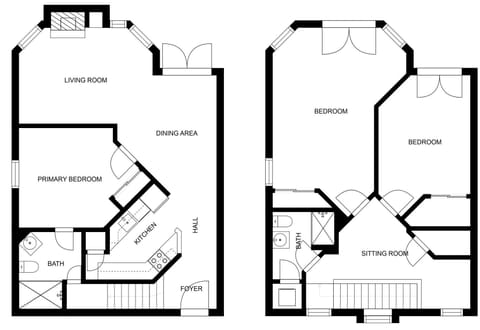 Floor plan for the main level and upstairs living spaces.