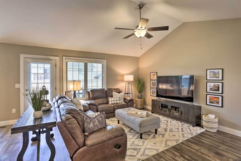 TV, fireplace, books