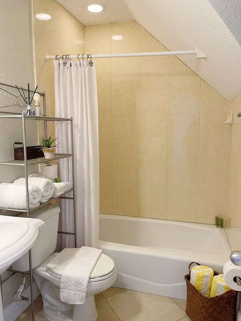 Combined shower/tub, hair dryer, towels, soap