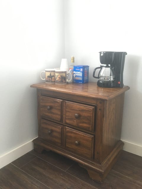 Small bar includes coffee, creamer,  and toaster. Updates to this corner soon!