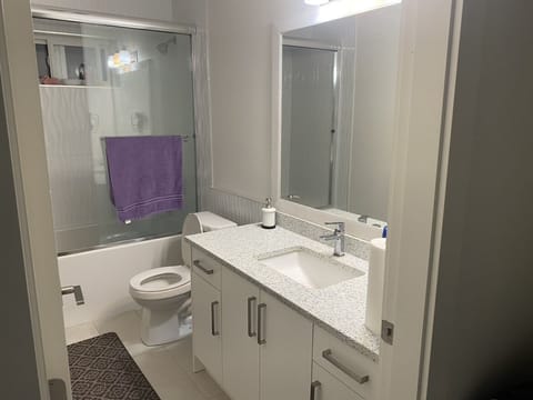 Combined shower/tub, towels, soap, toilet paper