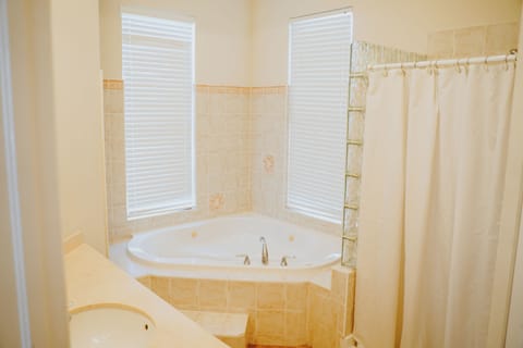 Shower, jetted tub, hair dryer, towels