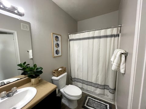 Combined shower/tub, hair dryer, towels