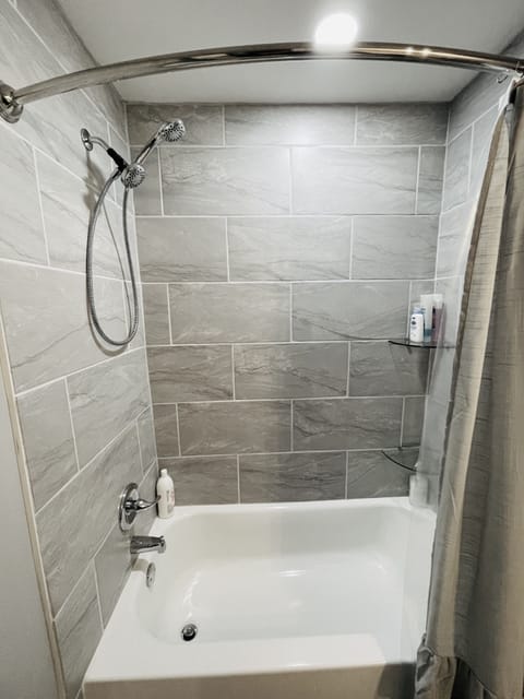 Combined shower/tub, hair dryer, towels, soap