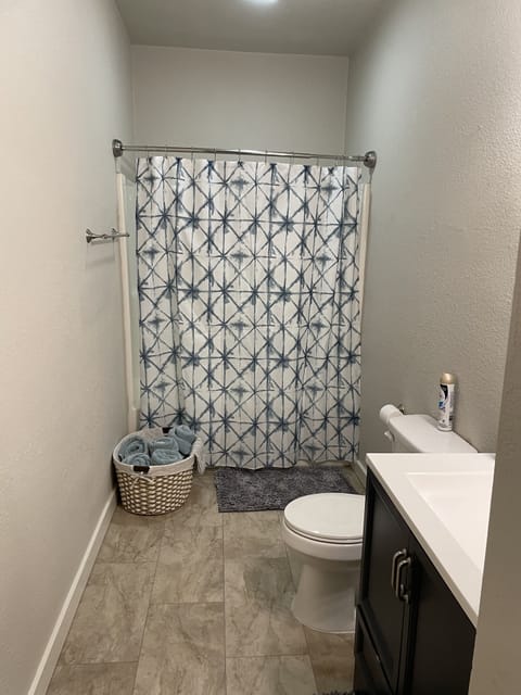 Combined shower/tub, hair dryer, towels, soap