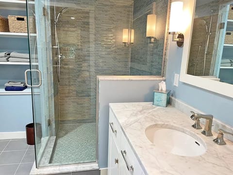Combined shower/tub, bidet, towels, soap