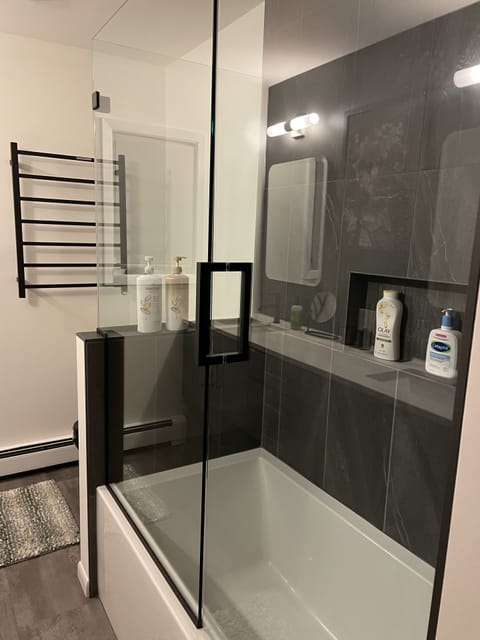 Combined shower/tub, hair dryer, towels, soap