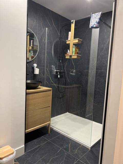 Combined shower/tub, hair dryer, towels