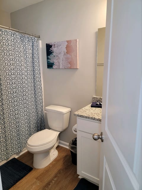 Combined shower/tub, hair dryer, towels, toilet paper