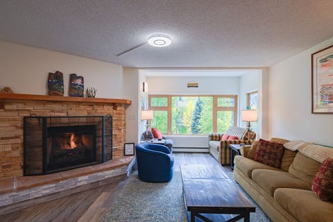 Cozy fireplace, quiet condo great location walking anywhere in central village.