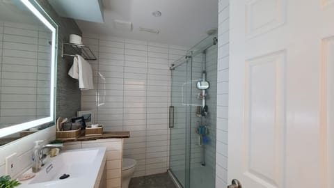 Bathtub, eco-friendly toiletries, hair dryer, heated floors
