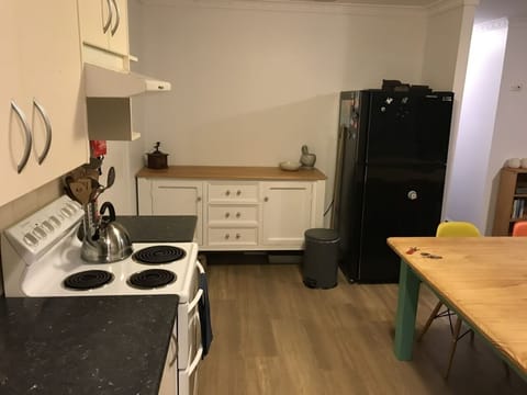 Fridge, oven, electric kettle, toaster