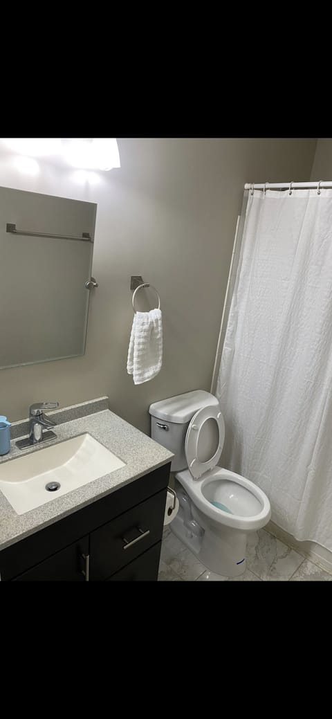 Combined shower/tub, towels, toilet paper