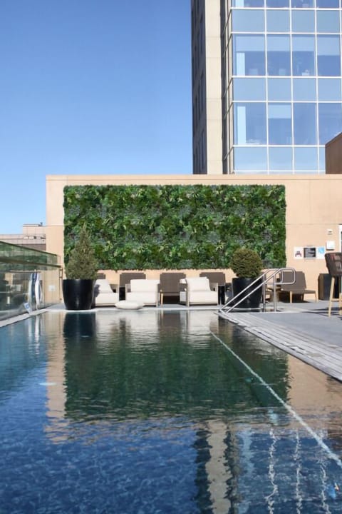 A rooftop pool, sun loungers