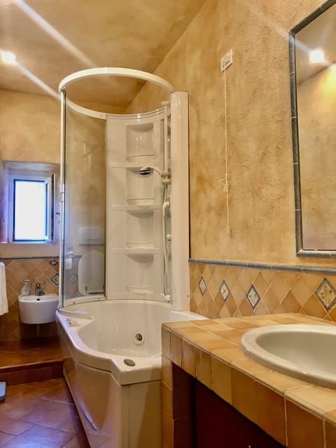 Combined shower/tub, hair dryer, bidet, towels