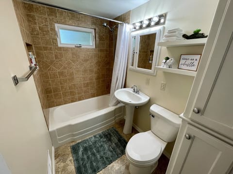 Combined shower/tub, hair dryer, towels, soap