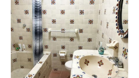 Combined shower/tub, soap, toilet paper
