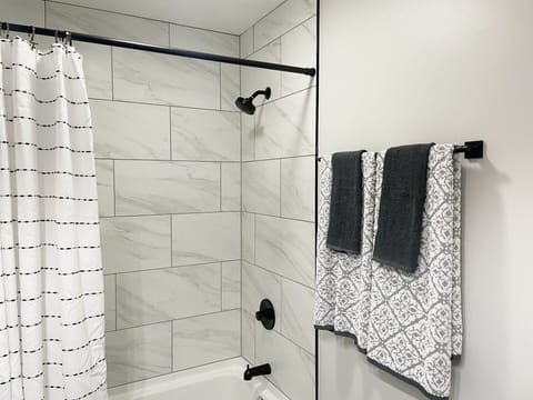 Combined shower/tub, hair dryer, towels, soap