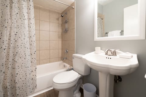 Combined shower/tub, towels, toilet paper