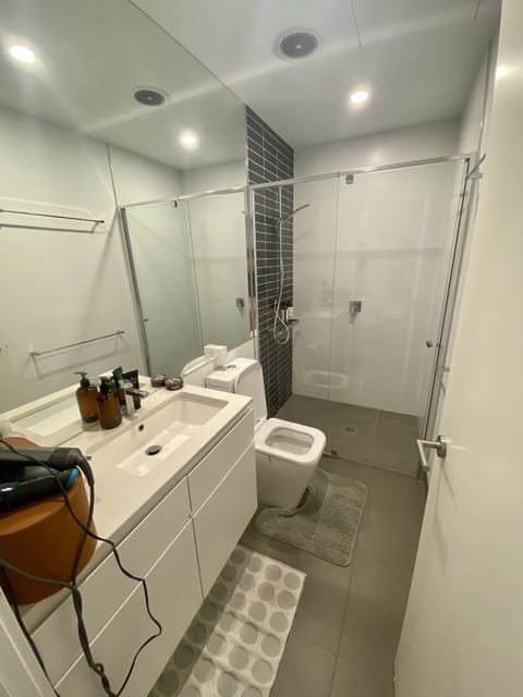 Combined shower/tub, bidet, towels, toilet paper